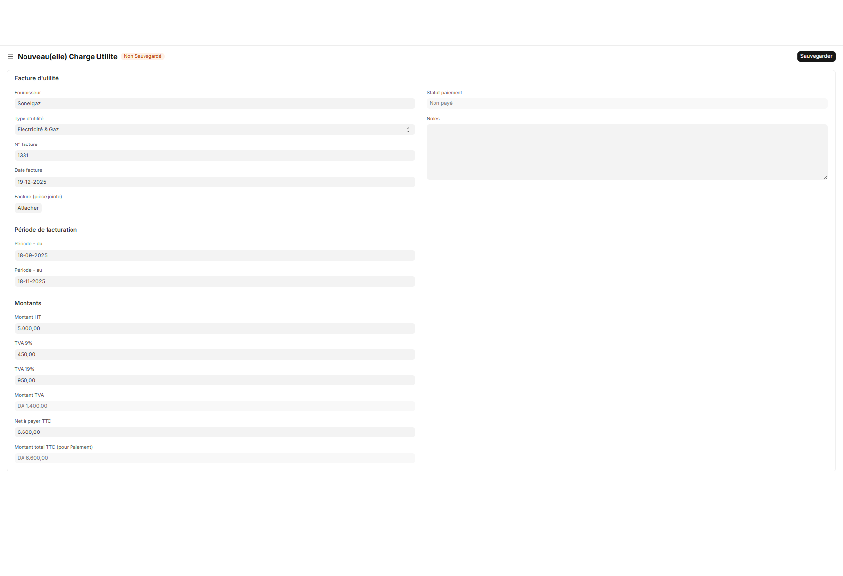 Formulaire de saisie d'une charge