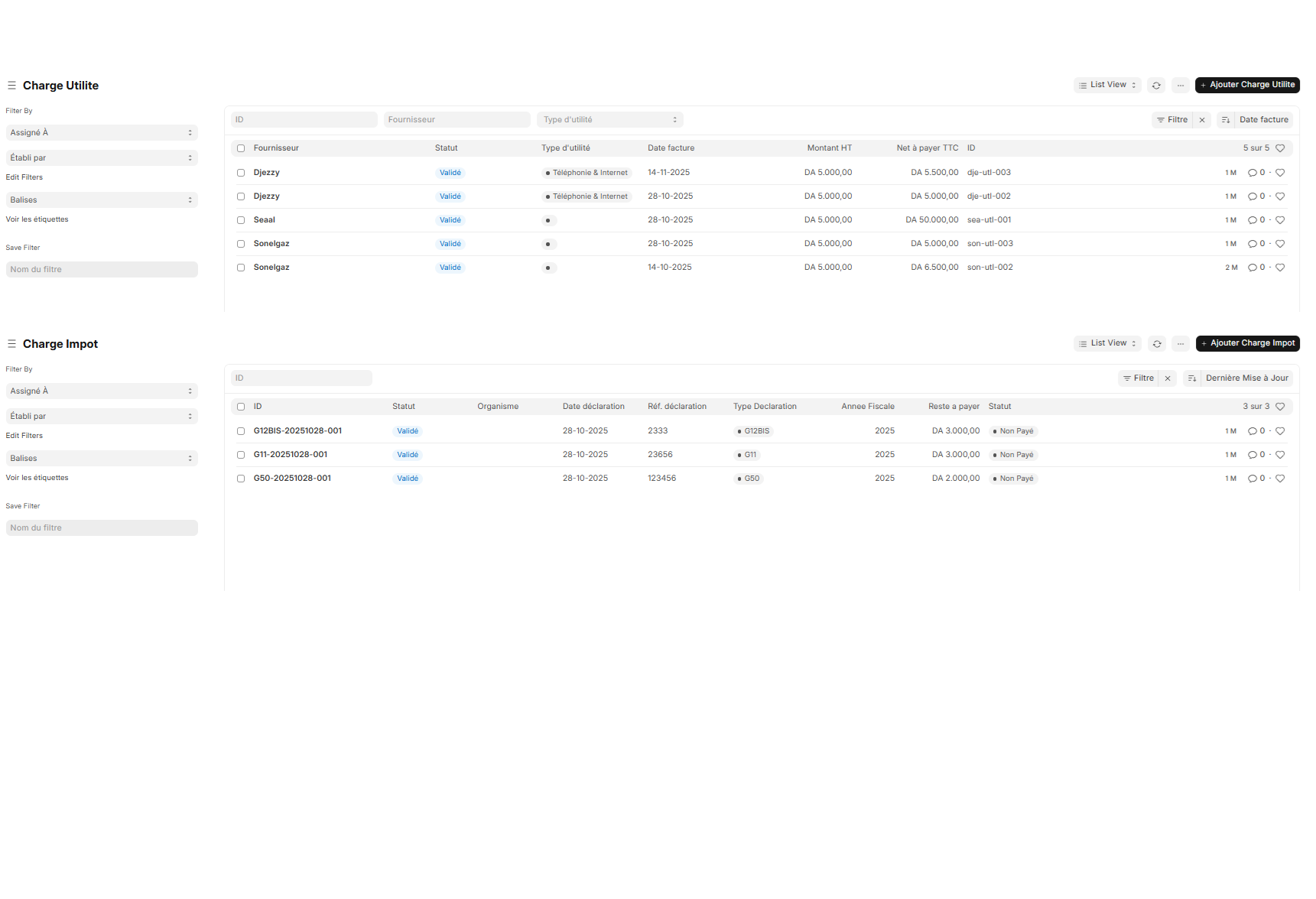 Vue liste des charges
